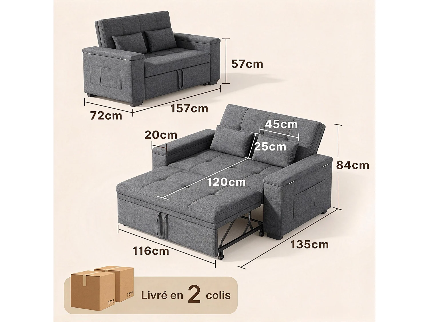 Canapé-lit 2 places en tissu gris foncé, convertible avec rangement intégré, accoudoirs avec poches et roulettes