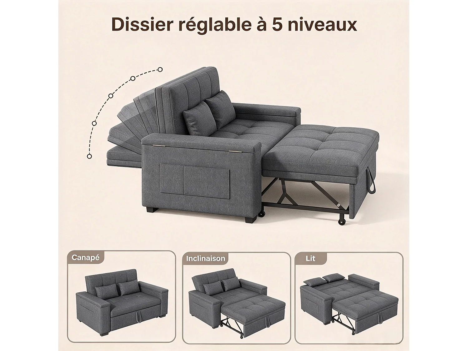 Canapé-lit 2 places en tissu gris foncé, convertible avec rangement intégré, accoudoirs avec poches et roulettes