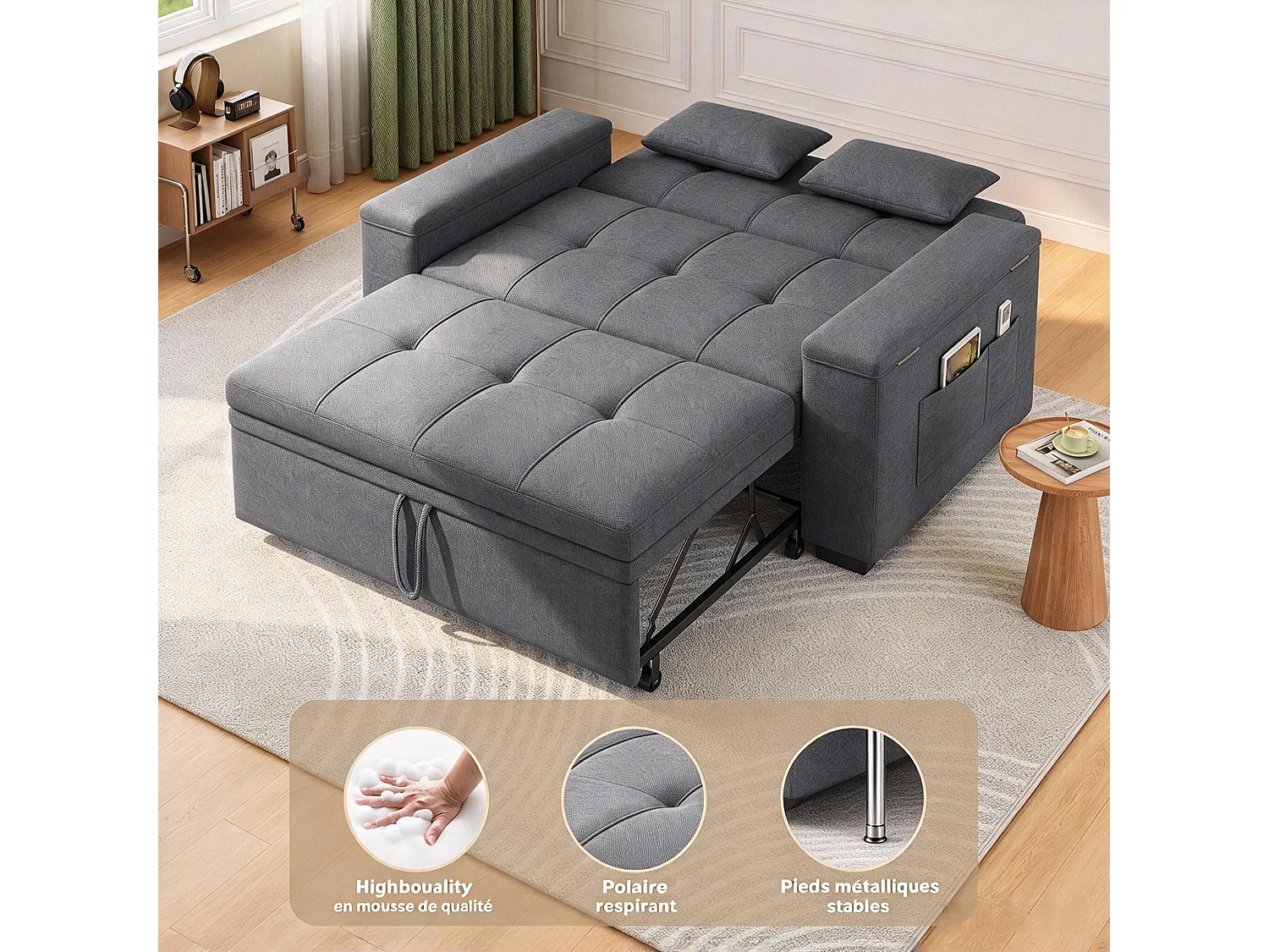 Canapé-lit 2 places en tissu gris foncé, convertible avec rangement intégré, accoudoirs avec poches et roulettes
