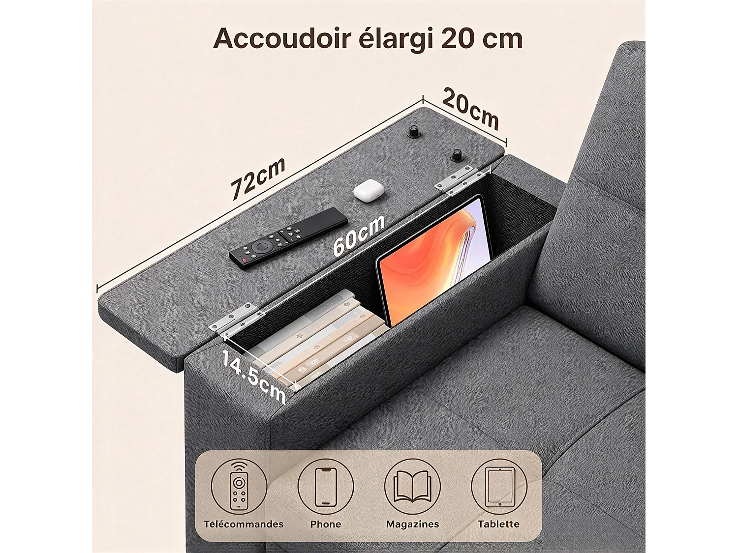 Canapé-lit 2 places en tissu gris foncé, convertible avec rangement intégré, accoudoirs avec poches et roulettes
