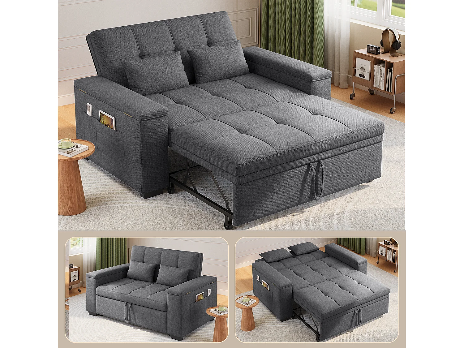 Canapé-lit 2 places en tissu gris foncé, convertible avec rangement intégré, accoudoirs avec poches et roulettes