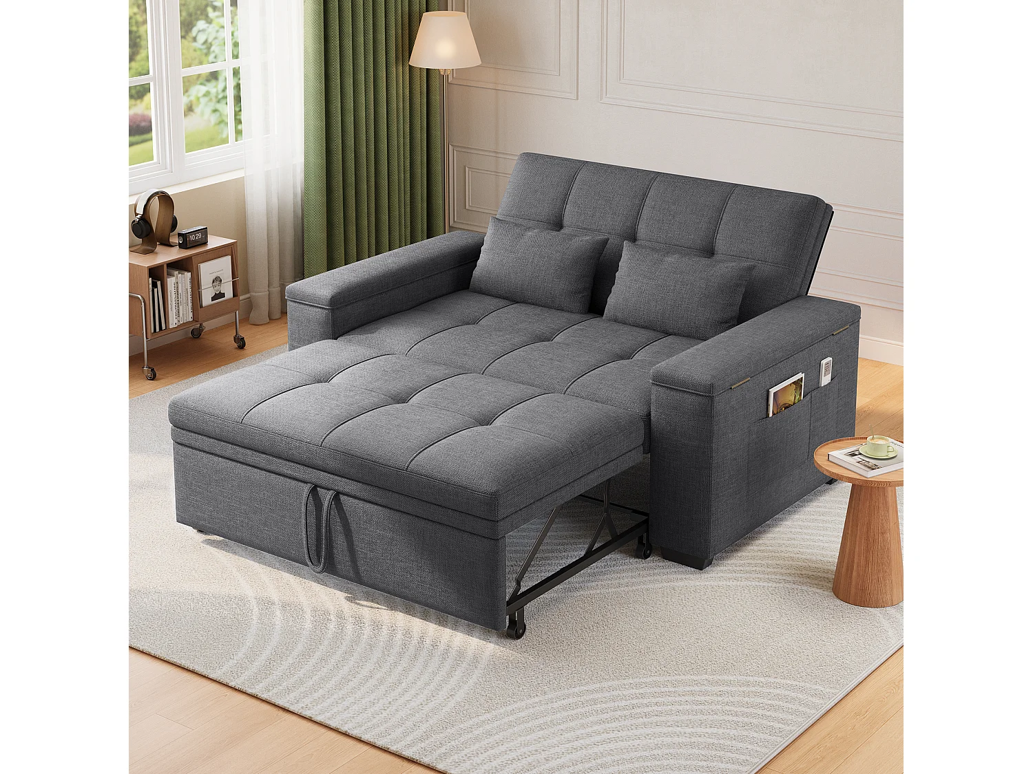Canapé-lit 2 places en tissu gris foncé, convertible avec rangement intégré, accoudoirs avec poches et roulettes