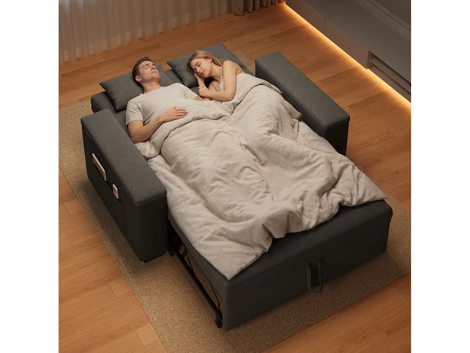 Canapé-lit 2 places en tissu gris foncé, convertible avec rangement intégré, accoudoirs avec poches et roulettes