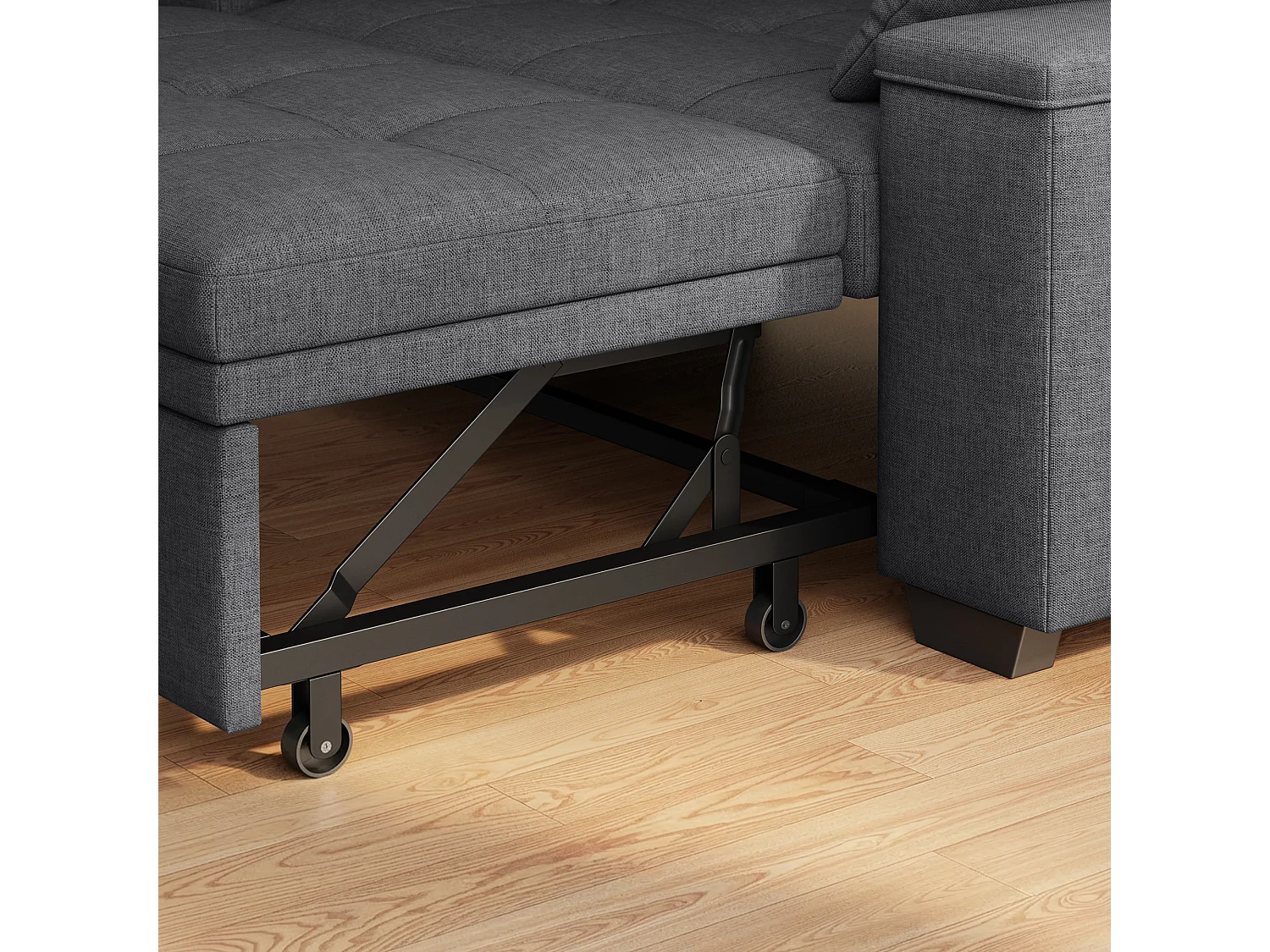 Canapé-lit 2 places en tissu gris foncé, convertible avec rangement intégré, accoudoirs avec poches et roulettes