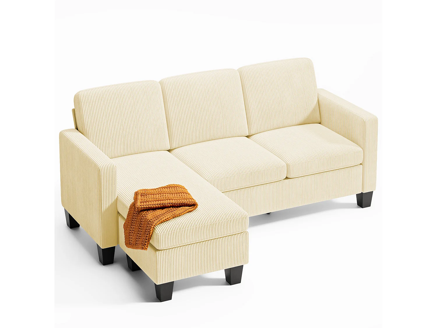 Canapé d'angle modulable 3 places velours côtelé crème avec méridiennepour petit espace