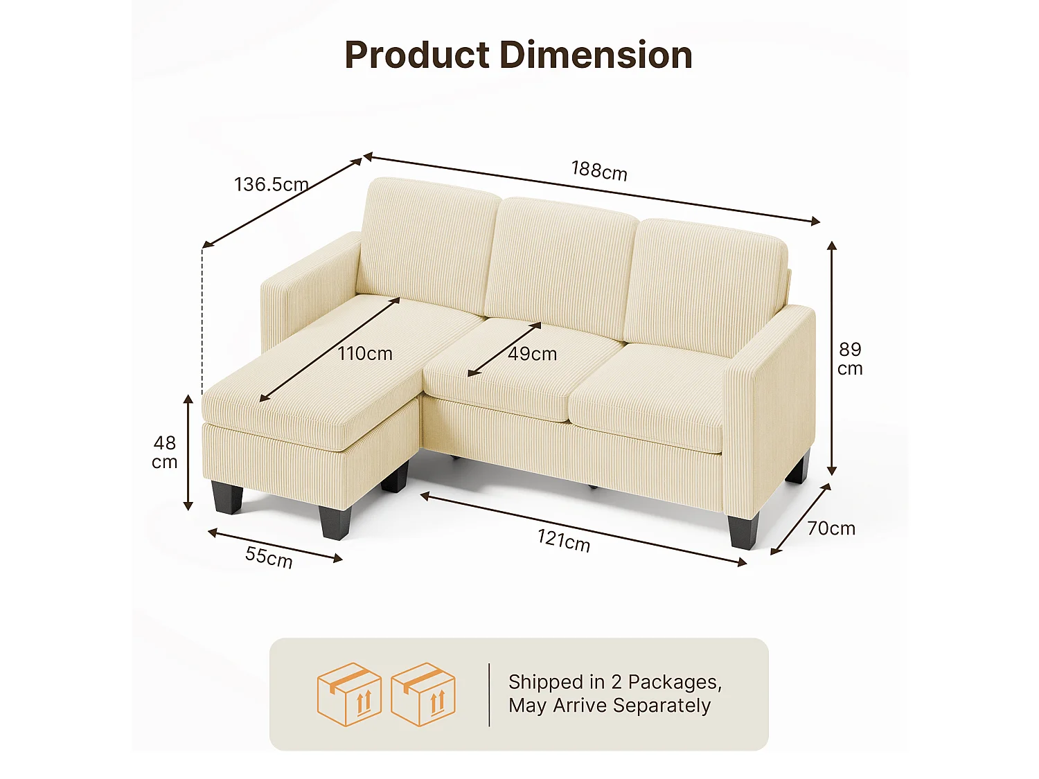 Canapé d'angle modulable 3 places velours côtelé crème avec méridiennepour petit espace