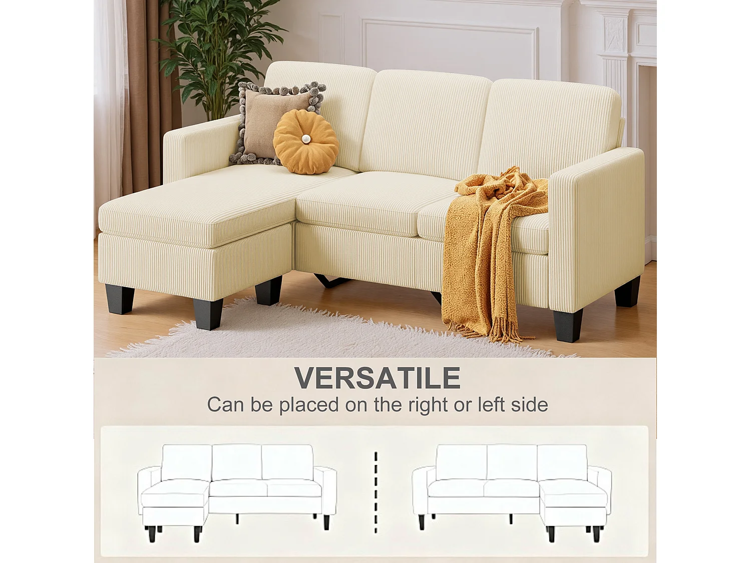 Canapé d'angle modulable 3 places velours côtelé crème avec méridiennepour petit espace