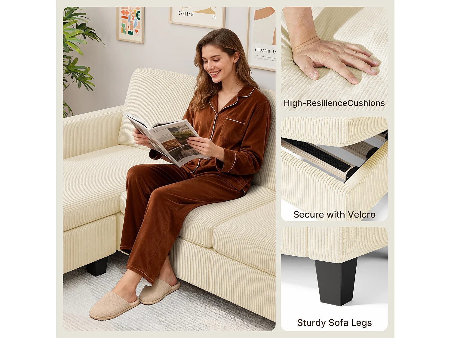 Canapé d'angle modulable 3 places velours côtelé crème avec méridiennepour petit espace