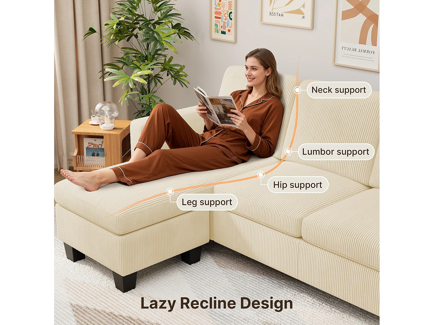 Canapé d'angle modulable 3 places velours côtelé crème avec méridiennepour petit espace
