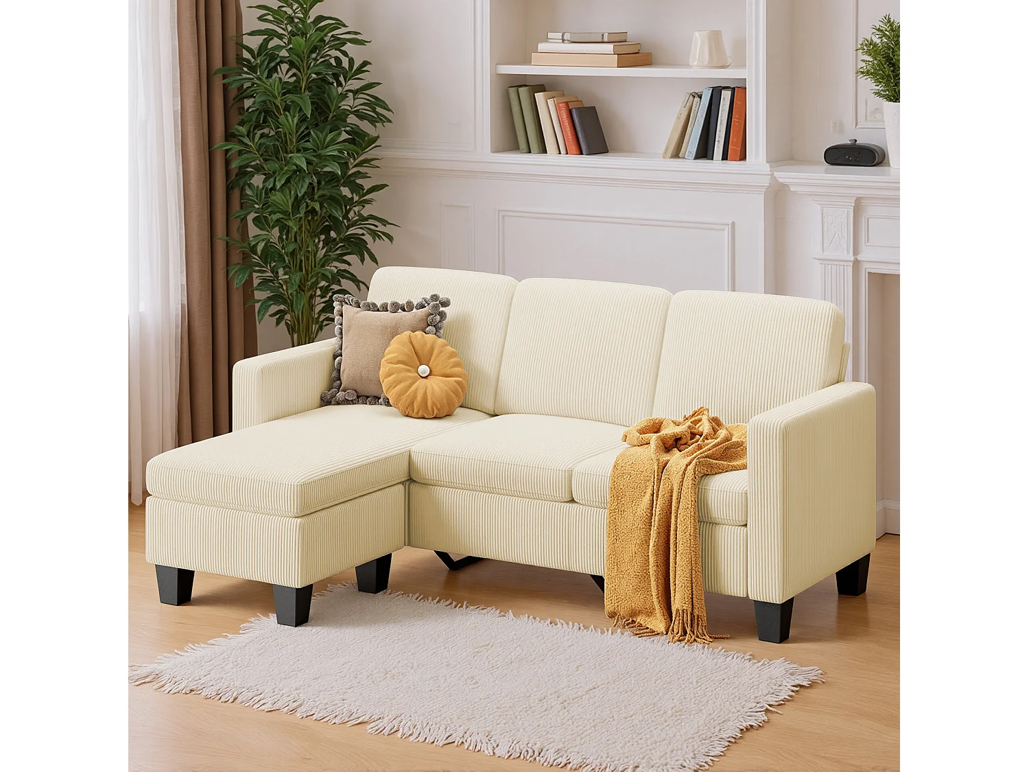 Canapé d'angle modulable 3 places velours côtelé crème avec méridiennepour petit espace