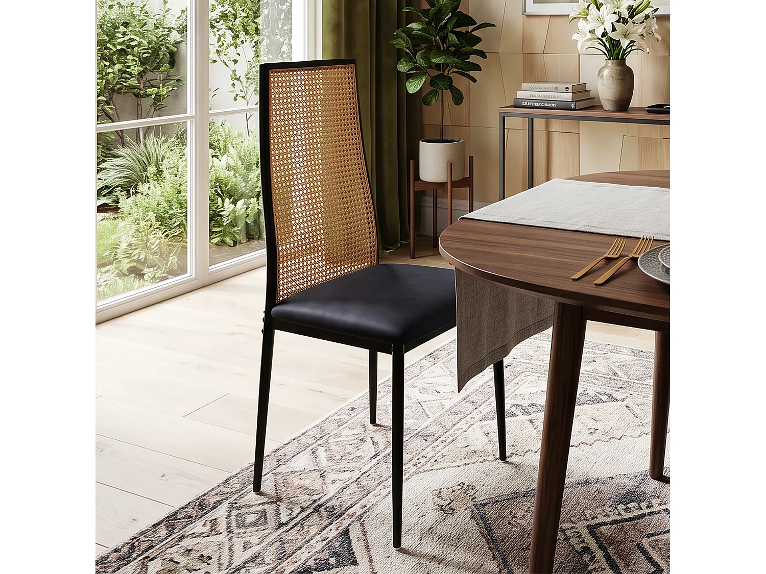 DreamMespace Lot de 2 Chaises de Salle à Manger Dossier Cannage & Assise Confortable, Design Rétro Chic Métal Noir