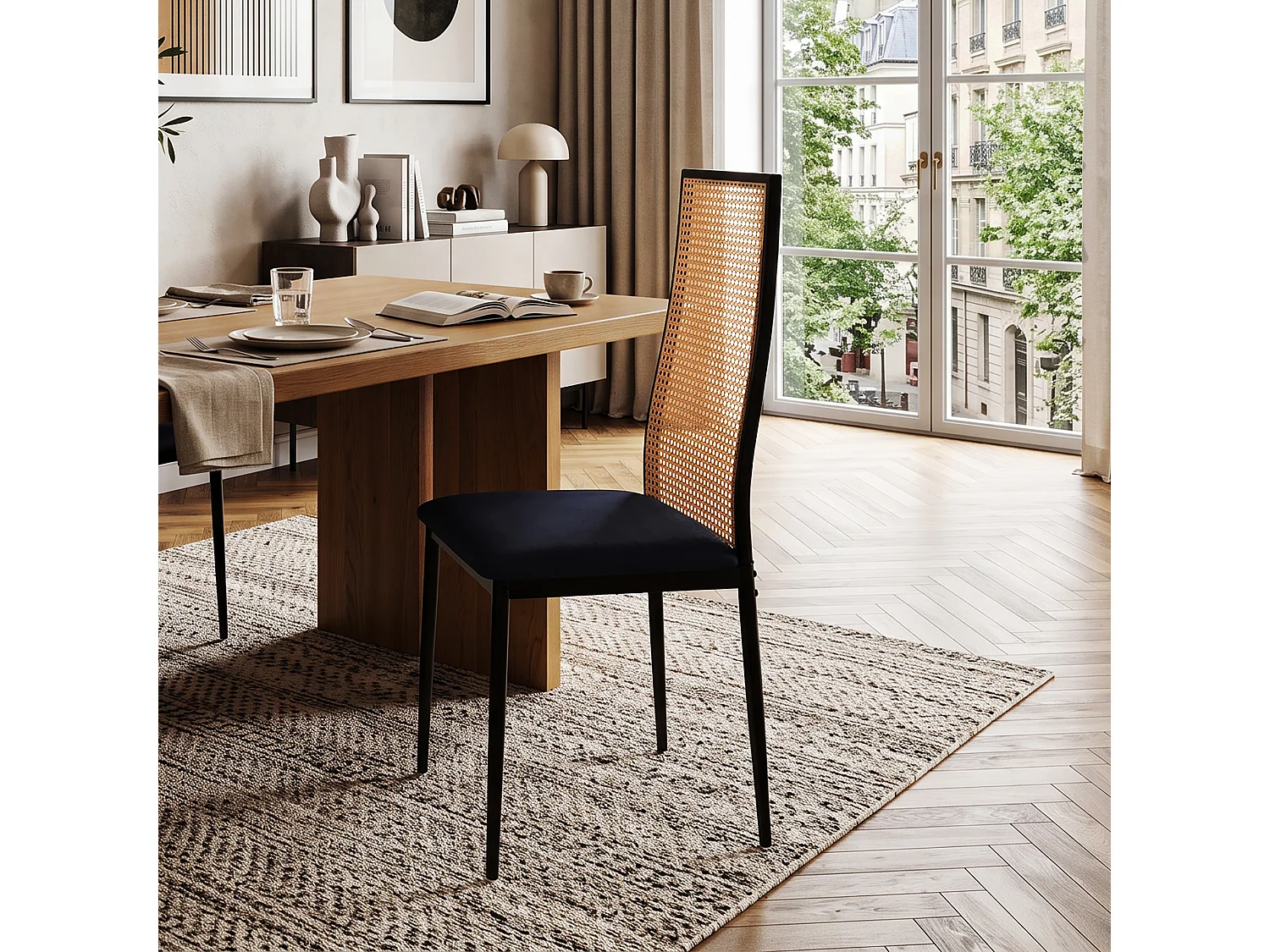 DreamMespace Lot de 2 Chaises de Salle à Manger Dossier Cannage & Assise Confortable, Design Rétro Chic Métal Noir