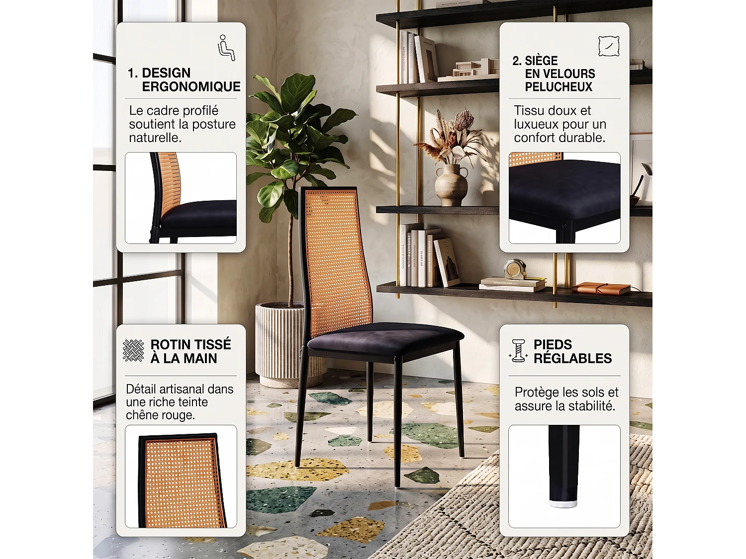 DreamMespace Lot de 2 Chaises de Salle à Manger Dossier Cannage & Assise Confortable, Design Rétro Chic Métal Noir