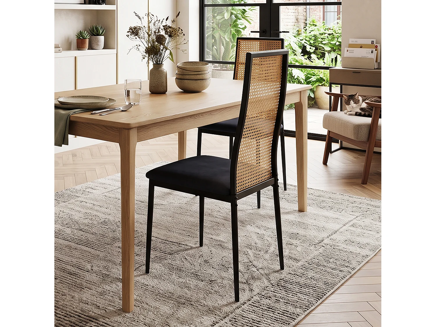 DreamMespace Lot de 2 Chaises de Salle à Manger Dossier Cannage & Assise Confortable, Design Rétro Chic Métal Noir
