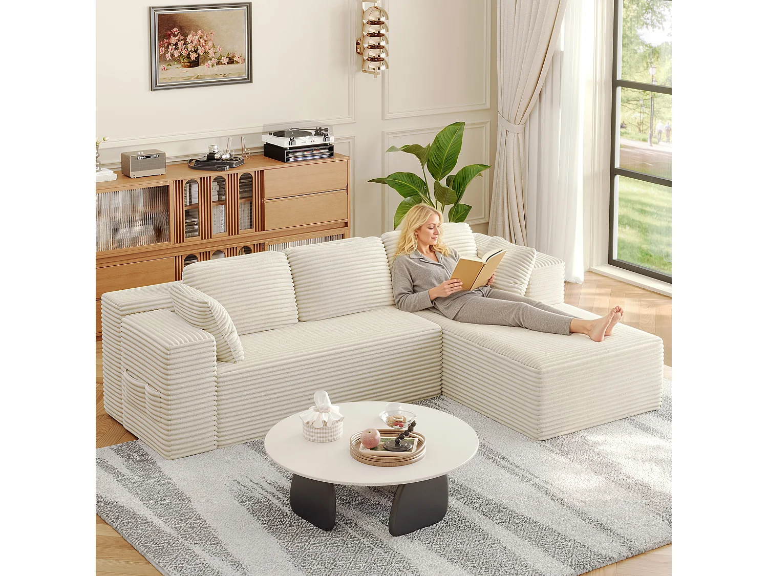 Canapé D'angle 3 Places Avec Méridienne,canapé Compressé Velours Côtelé Beige