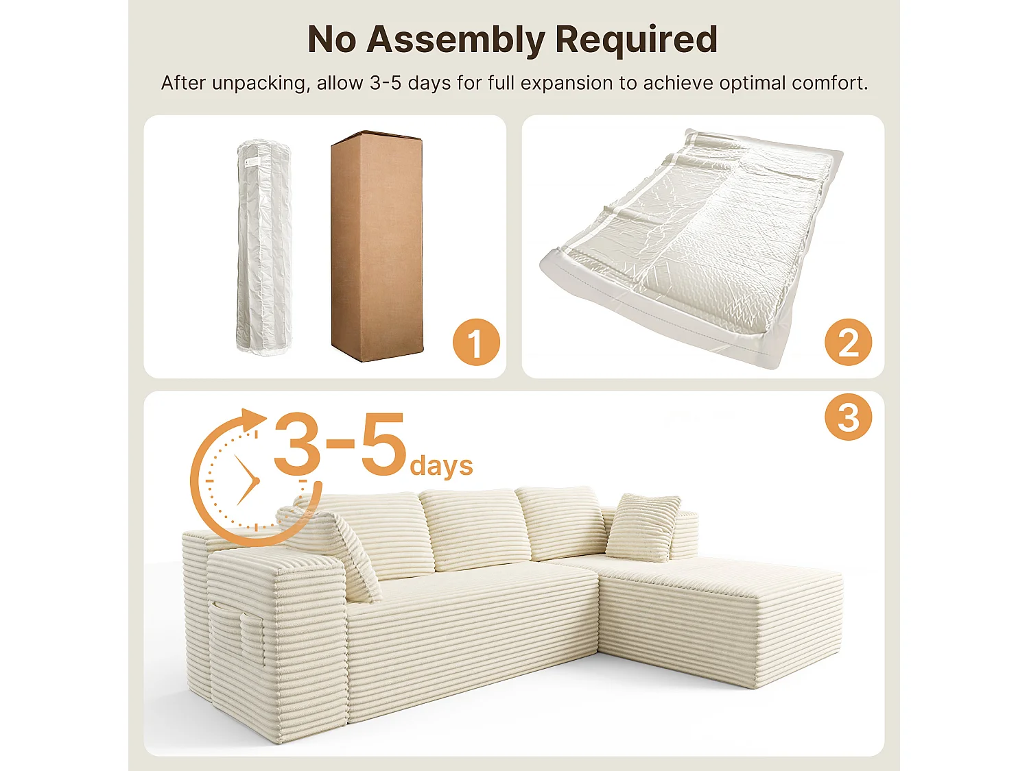 Canapé D'angle 3 Places Avec Méridienne,canapé Compressé Velours Côtelé Beige