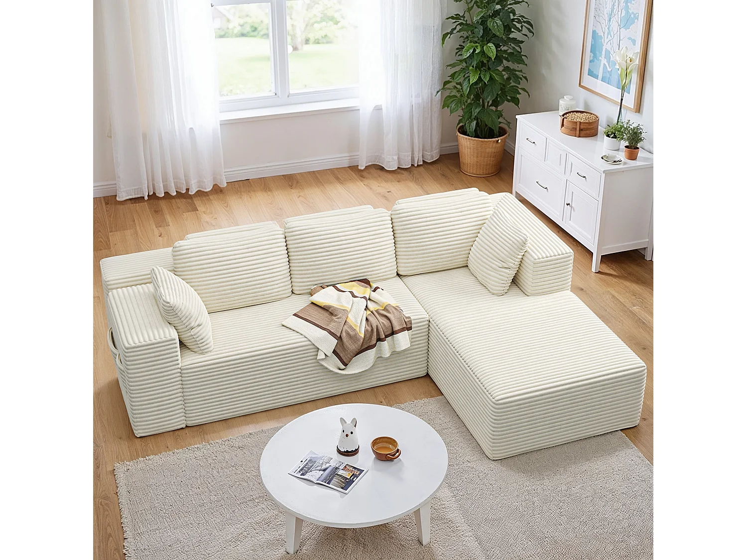 Canapé D'angle 3 Places Avec Méridienne,canapé Compressé Velours Côtelé Beige