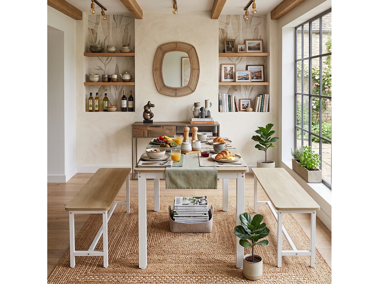 DreamMespace Ensemble Table 4 Places 110x60cm + 2 Bancs Encastrables Gain de Place,Table Salle à Manger & Cuisine pour Petit Espace,Métal Blanc & Bois Chêne