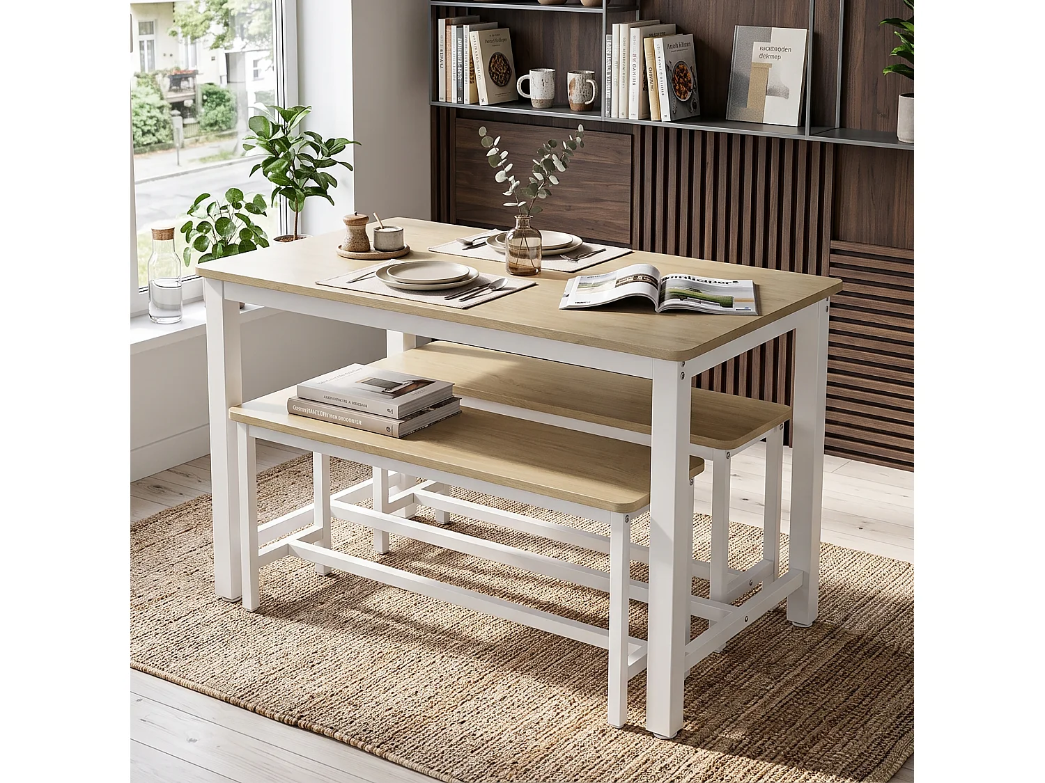 DreamMespace Ensemble Table 4 Places 110x60cm + 2 Bancs Encastrables Gain de Place,Table Salle à Manger & Cuisine pour Petit Espace,Métal Blanc & Bois Chêne