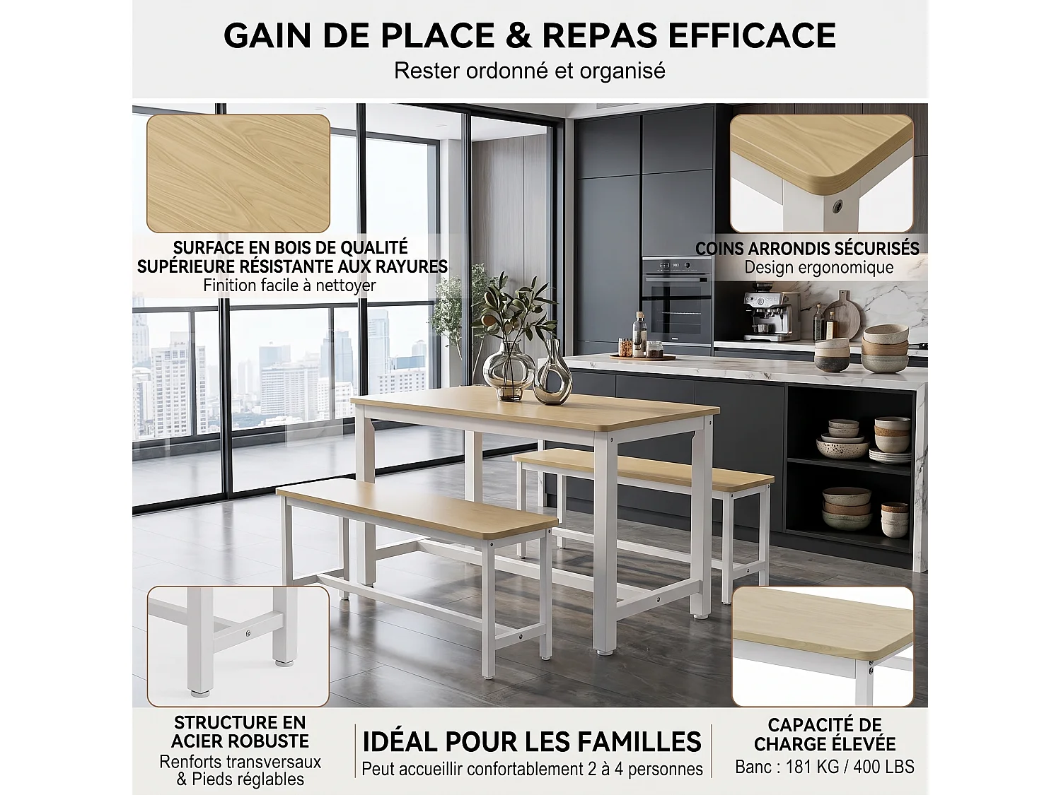 DreamMespace Ensemble Table 4 Places 110x60cm + 2 Bancs Encastrables Gain de Place,Table Salle à Manger & Cuisine pour Petit Espace,Métal Blanc & Bois Chêne