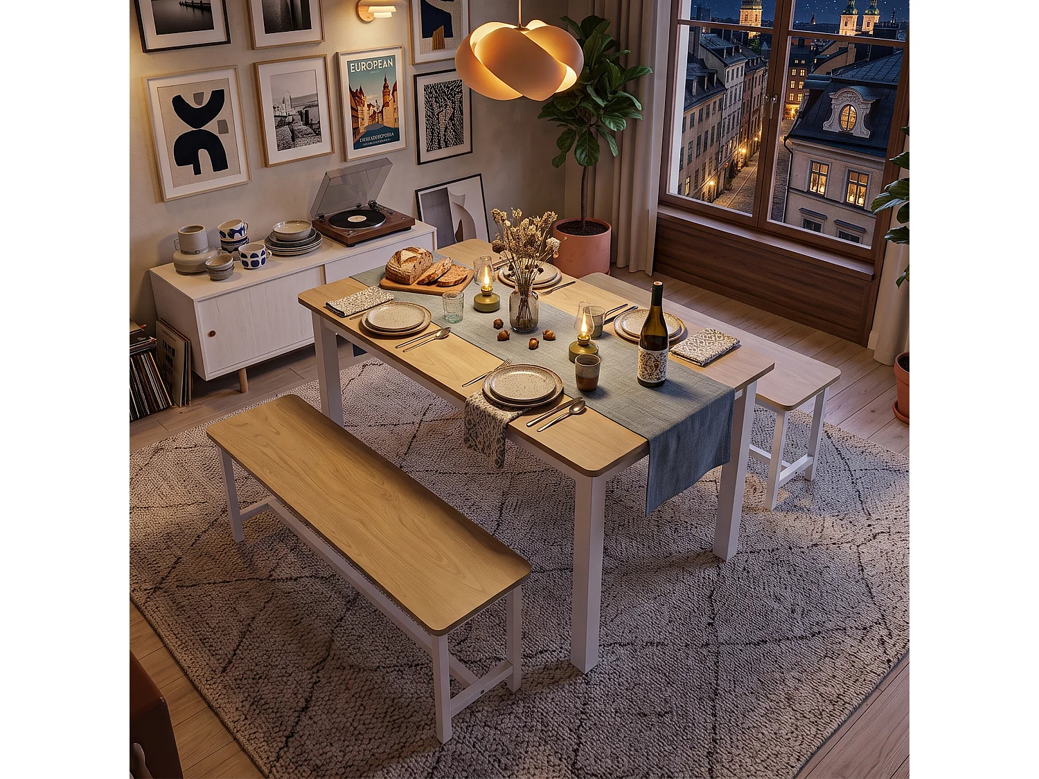 DreamMespace Ensemble Table 4 Places 110x60cm + 2 Bancs Encastrables Gain de Place,Table Salle à Manger & Cuisine pour Petit Espace,Métal Blanc & Bois Chêne