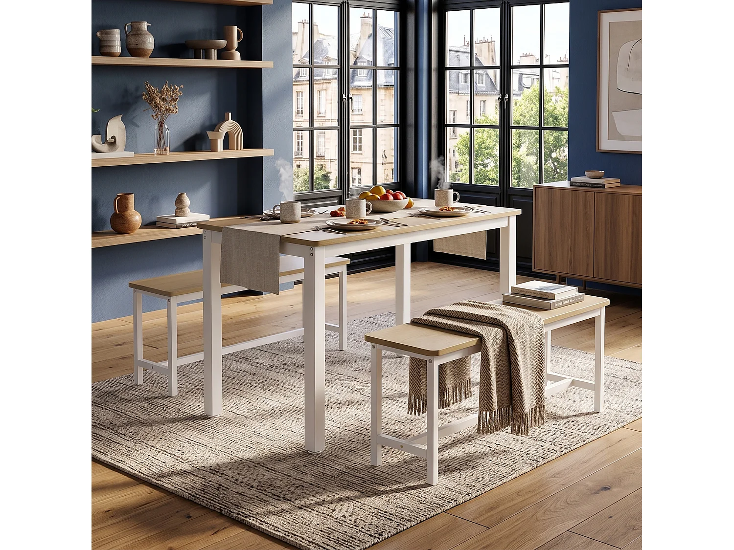 DreamMespace Ensemble Table 4 Places 110x60cm + 2 Bancs Encastrables Gain de Place,Table Salle à Manger & Cuisine pour Petit Espace,Métal Blanc & Bois Chêne