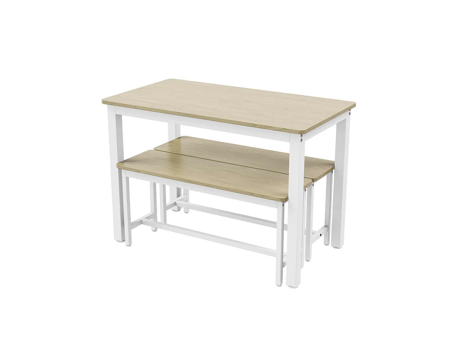 DreamMespace Ensemble Table 4 Places 110x60cm + 2 Bancs Encastrables Gain de Place,Table Salle à Manger & Cuisine pour Petit Espace,Métal Blanc & Bois Chêne