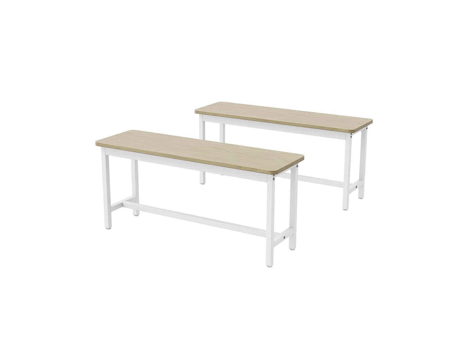 DreamMespace Ensemble Table 4 Places 110x60cm + 2 Bancs Encastrables Gain de Place,Table Salle à Manger & Cuisine pour Petit Espace,Métal Blanc & Bois Chêne