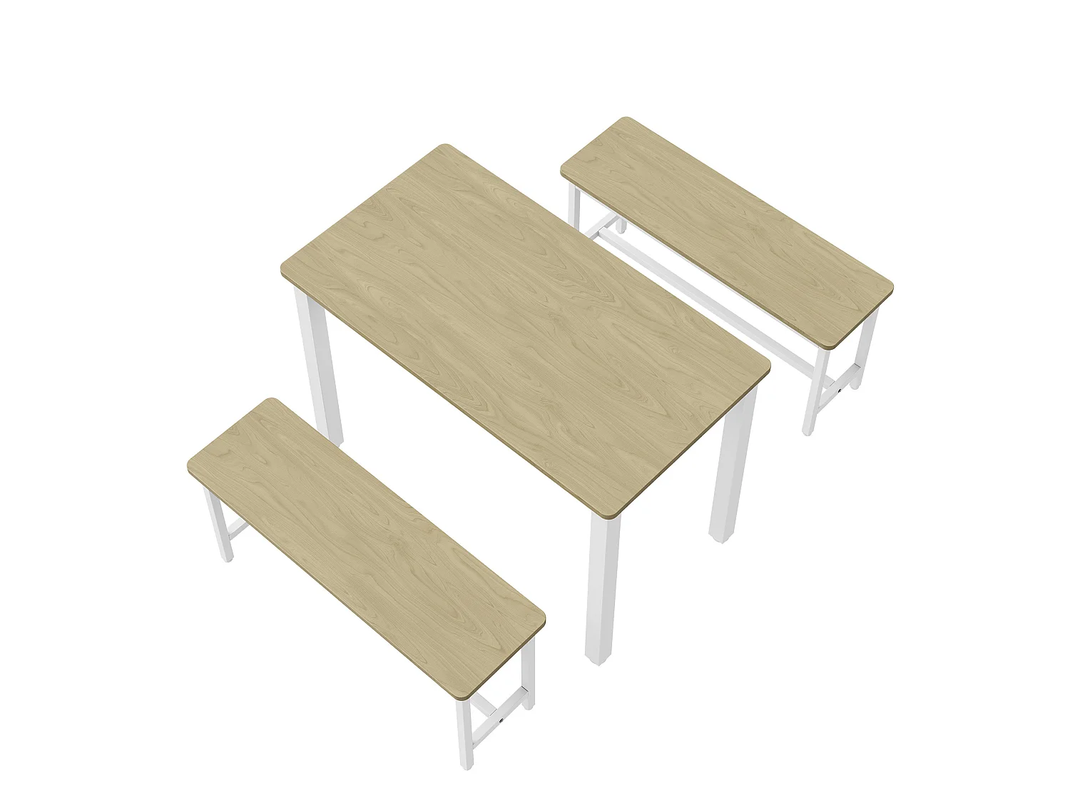 DreamMespace Ensemble Table 4 Places 110x60cm + 2 Bancs Encastrables Gain de Place,Table Salle à Manger & Cuisine pour Petit Espace,Métal Blanc & Bois Chêne