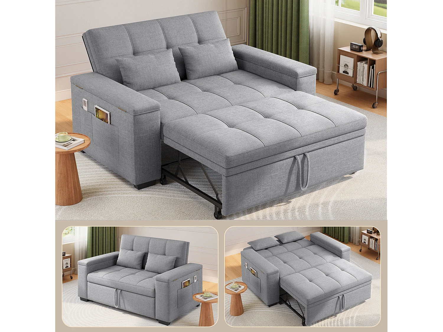 Canapé-lit 2 places en tissu gris clair, convertible avec rangement intégré, accoudoirs avec poches et roulettes