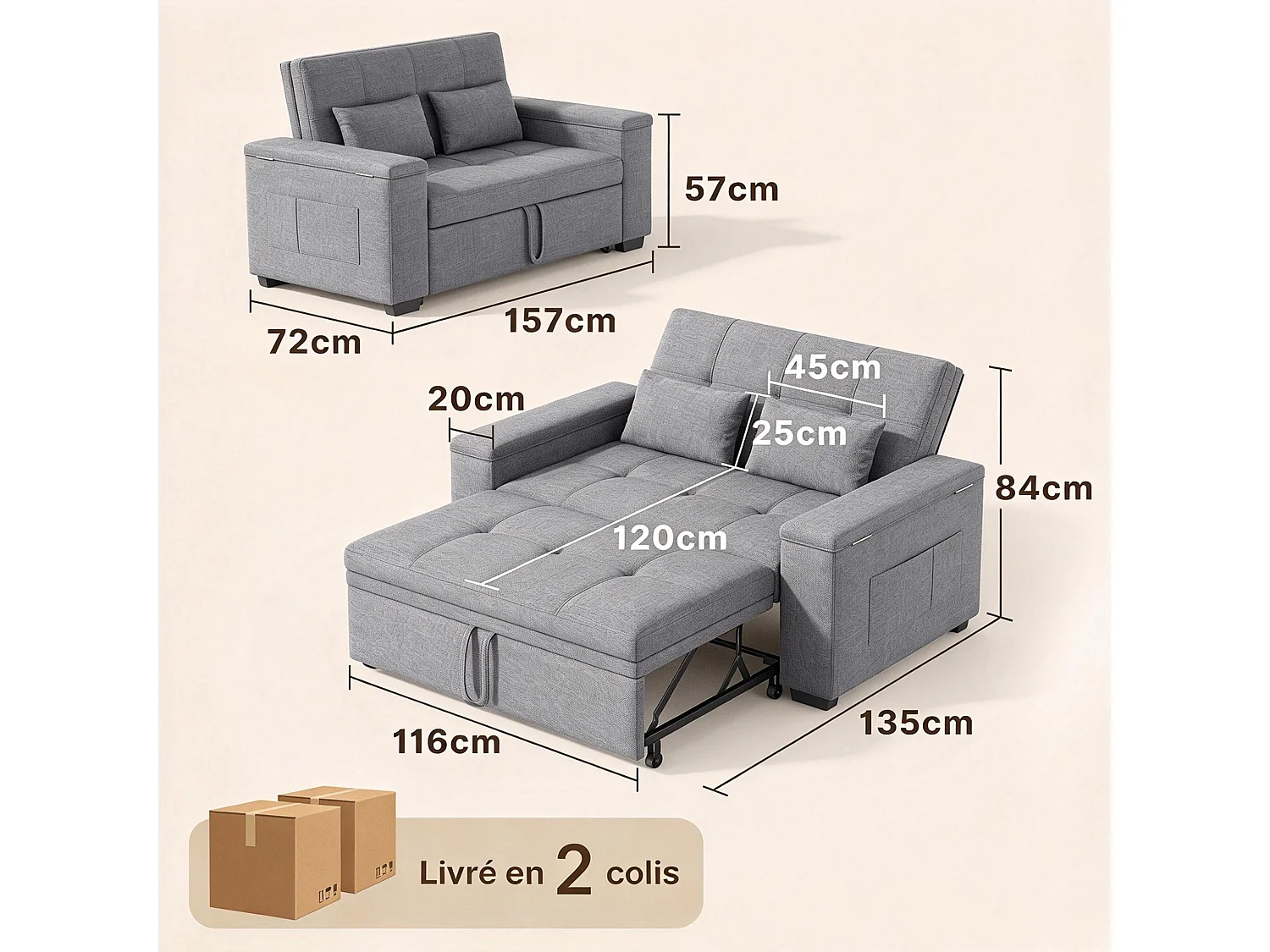 Canapé-lit 2 places en tissu gris clair, convertible avec rangement intégré, accoudoirs avec poches et roulettes