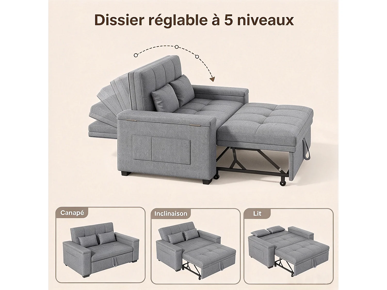 Canapé-lit 2 places en tissu gris clair, convertible avec rangement intégré, accoudoirs avec poches et roulettes