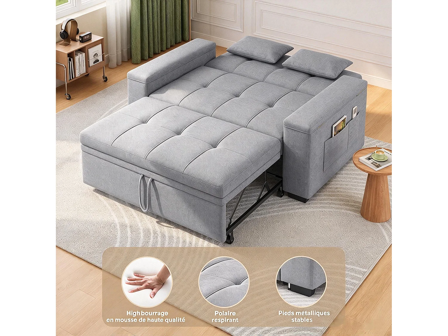 Canapé-lit 2 places en tissu gris clair, convertible avec rangement intégré, accoudoirs avec poches et roulettes