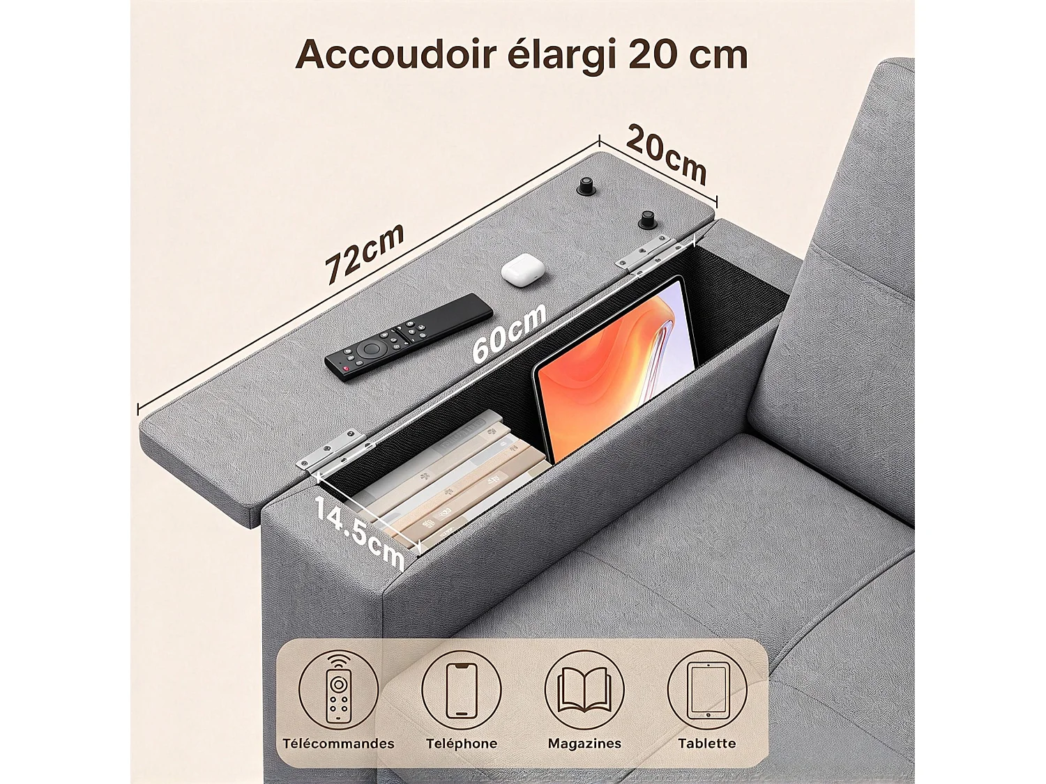 Canapé-lit 2 places en tissu gris clair, convertible avec rangement intégré, accoudoirs avec poches et roulettes
