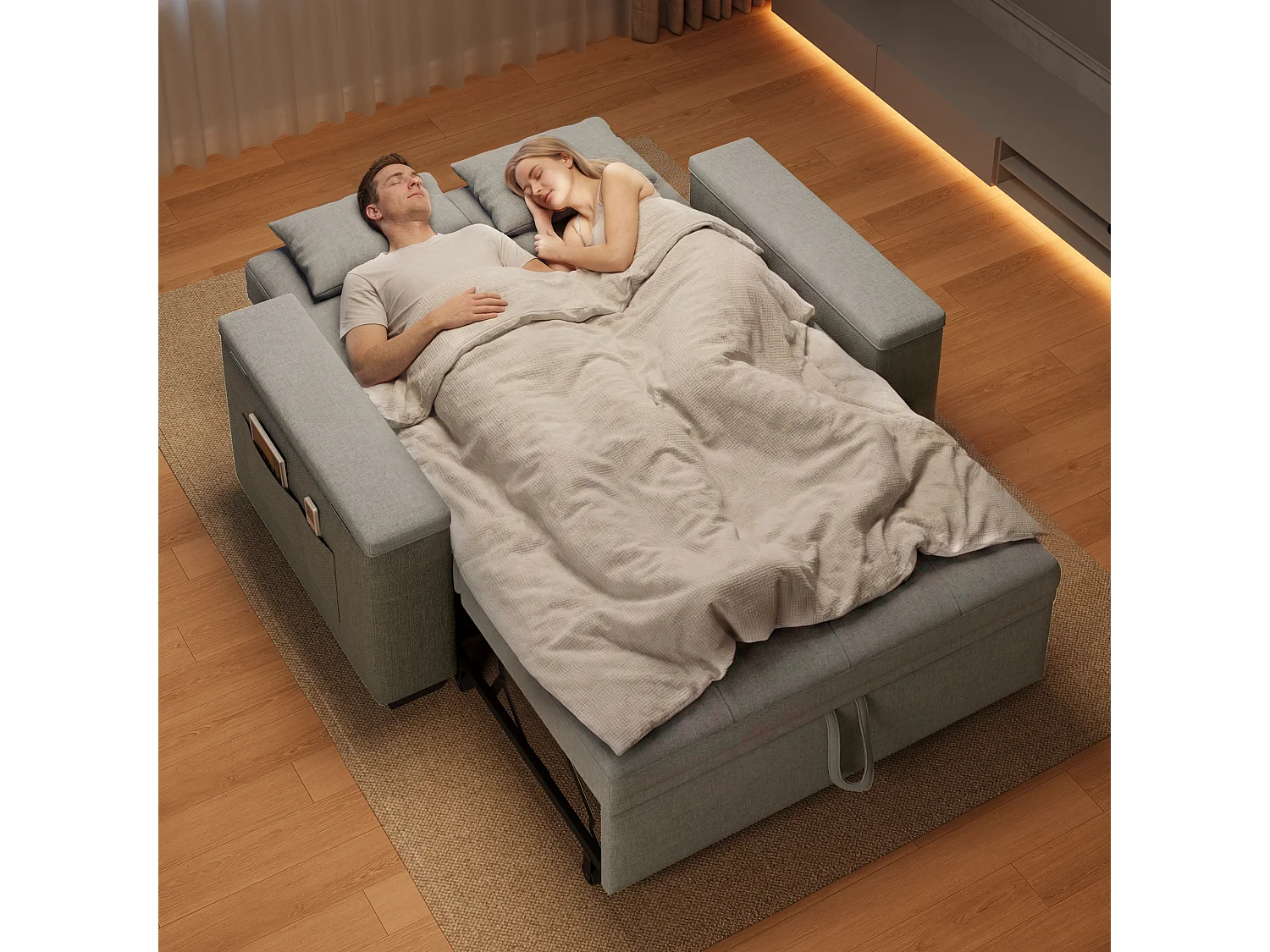 Canapé-lit 2 places en tissu gris clair, convertible avec rangement intégré, accoudoirs avec poches et roulettes