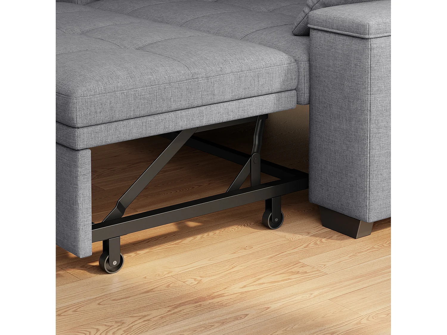 Canapé-lit 2 places en tissu gris clair, convertible avec rangement intégré, accoudoirs avec poches et roulettes