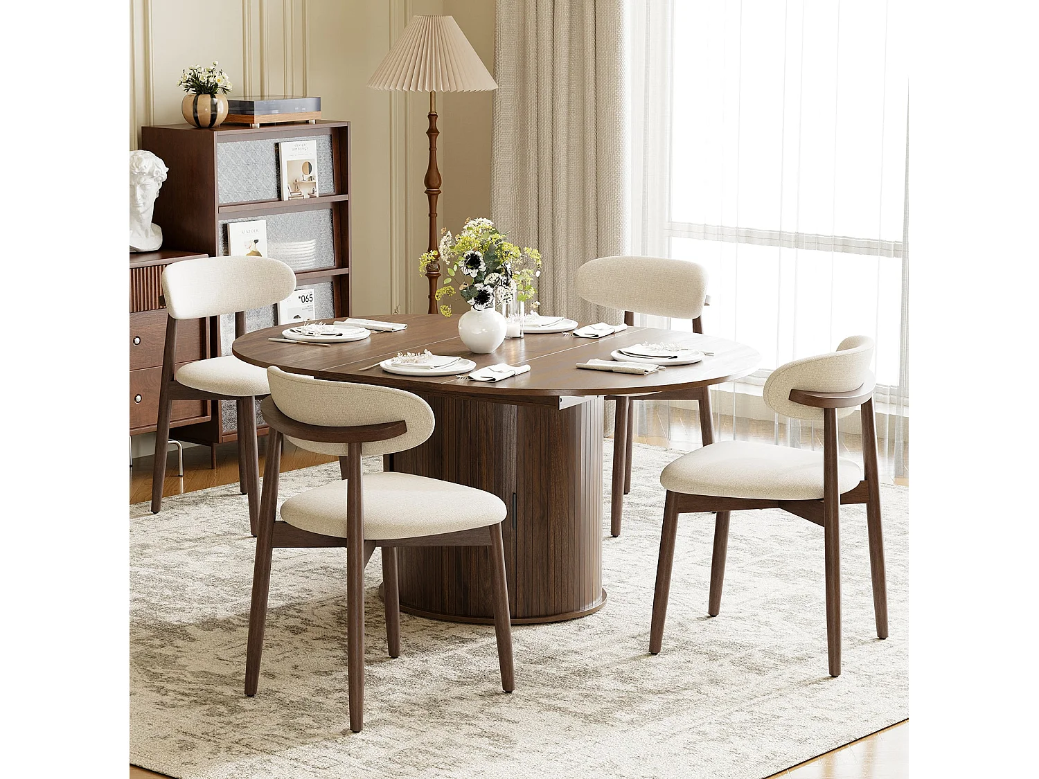 Ensemble table extensible noyer foncé avec 4 chaises de salle à manger beiges