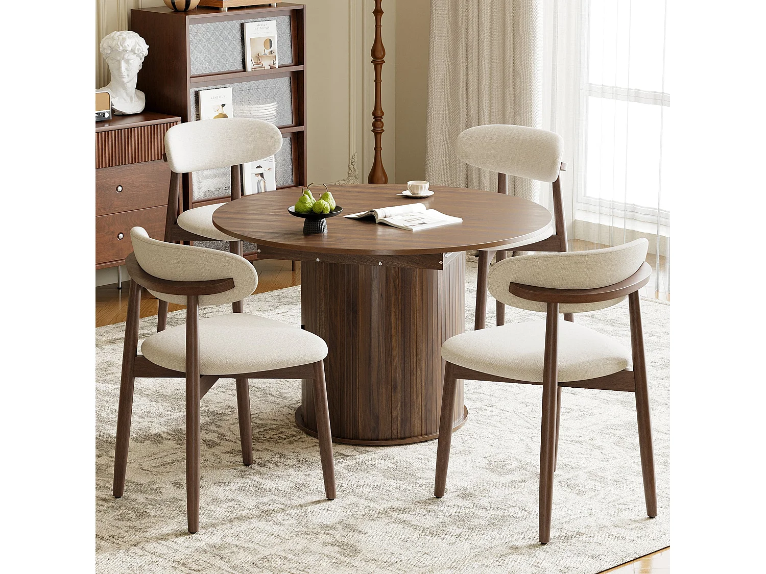 Ensemble table extensible noyer foncé avec 4 chaises de salle à manger beiges