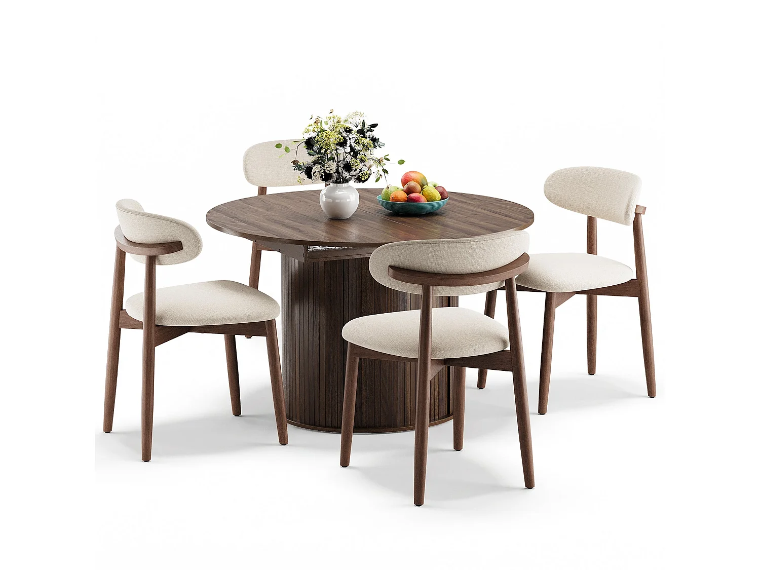 Ensemble table extensible noyer foncé avec 4 chaises de salle à manger beiges