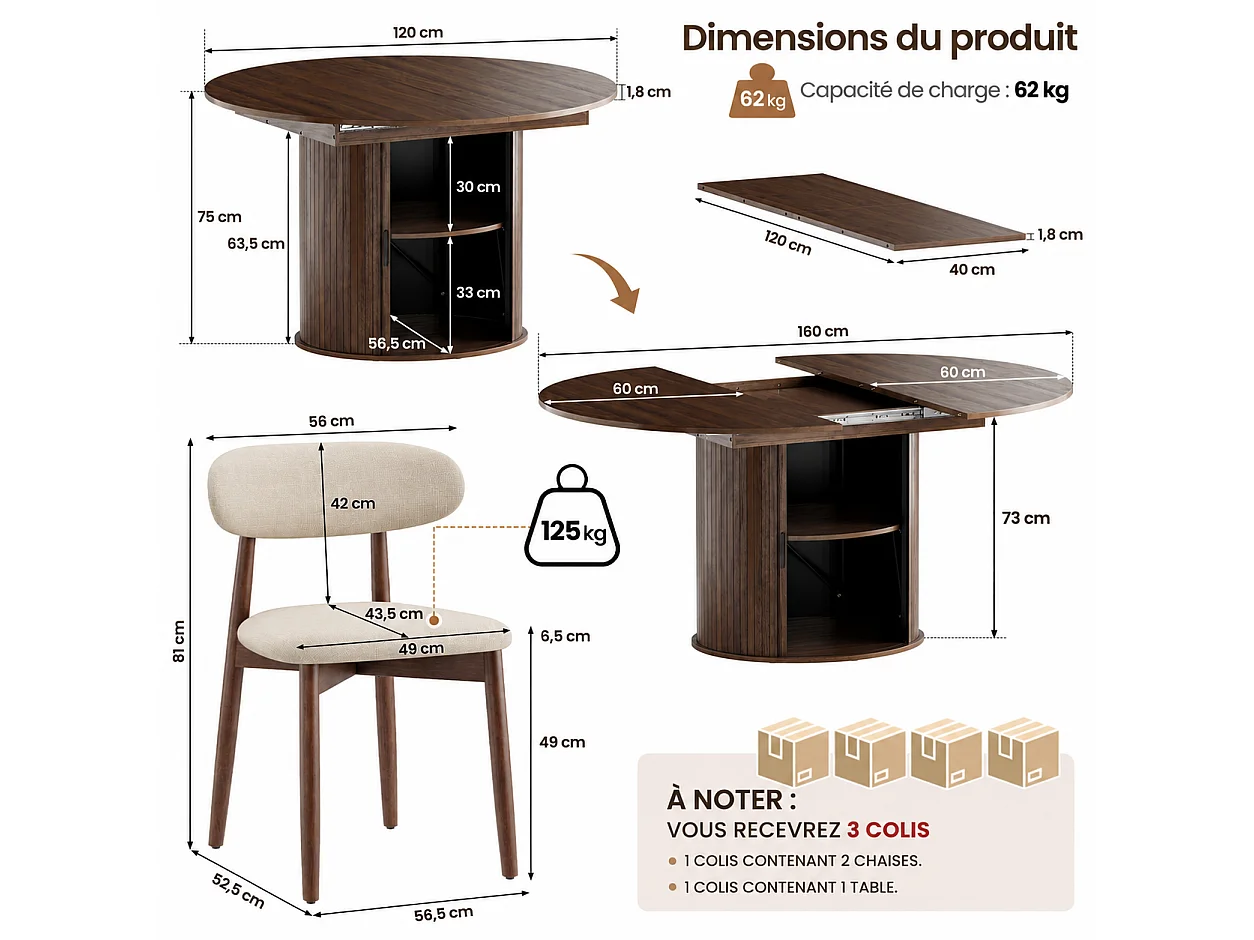 Ensemble table extensible noyer foncé avec 4 chaises de salle à manger beiges