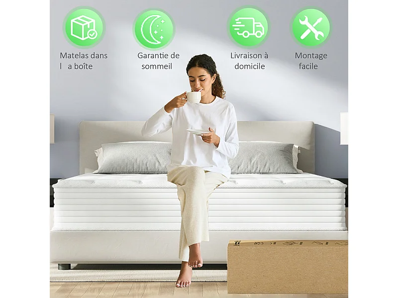 Matelas 140x200 cm - Ressorts Ensachés 7 Zones H3 - Hauteur 32 cm - Mousse Mémoire de Forme Viscoélastique - Soutien Ferme pour Dos & Confort Premium