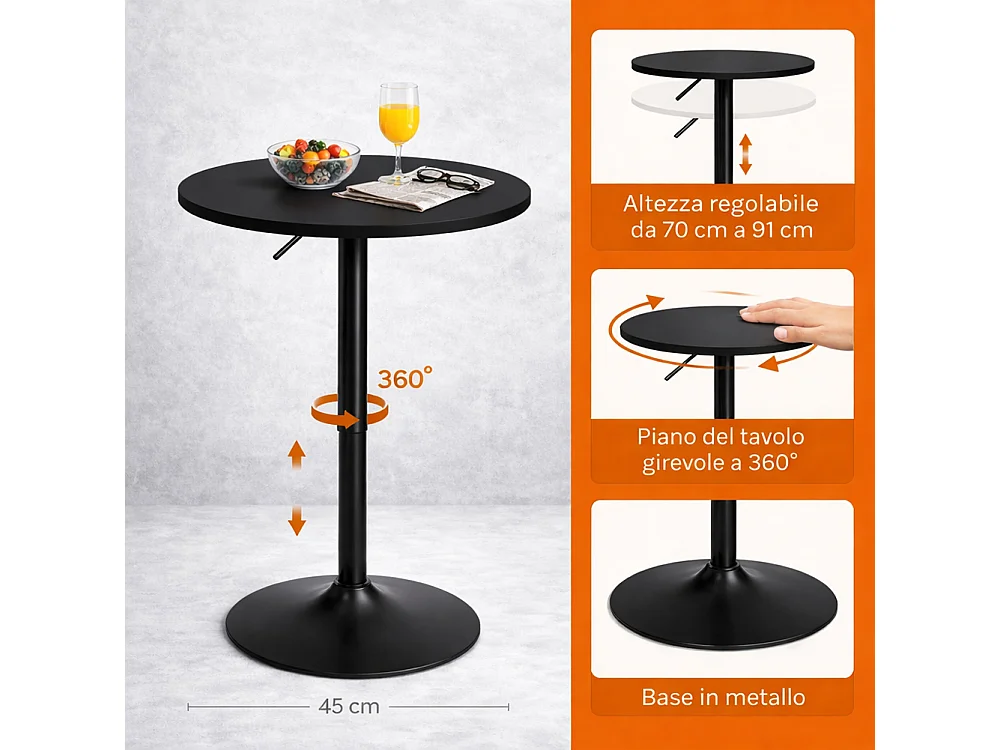 Tavolo Bar Girevole Nero Diametro 60cm con Altezza Regolabile per Bar Ristoranti