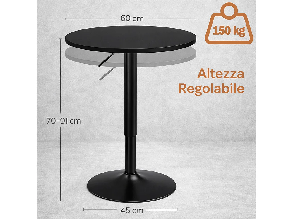 Tavolo Bar Girevole Nero Diametro 60cm con Altezza Regolabile per Bar Ristoranti