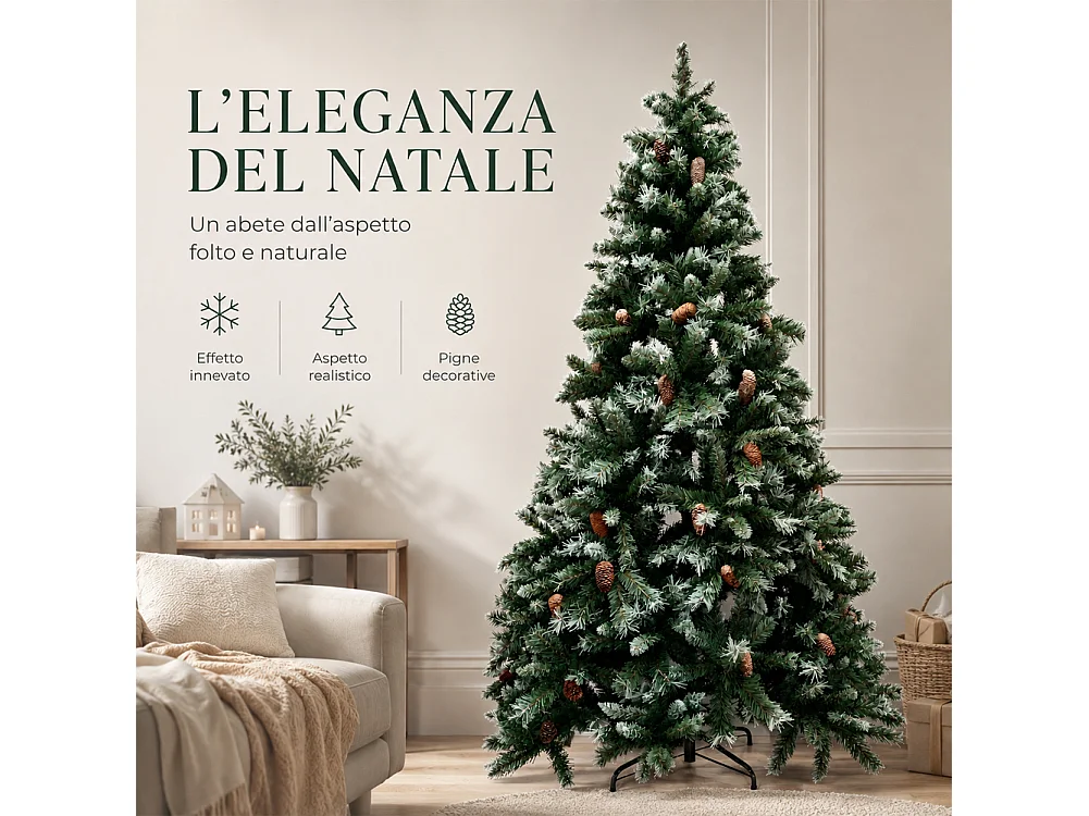 Albero di Natale Tirolese 240 cm Innevato con Pigne Addobbo Natalizia Foltissima