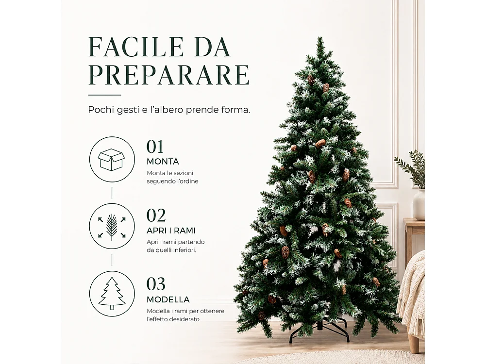 Albero di Natale Tirolese 240 cm Innevato con Pigne Addobbo Natalizia Foltissima