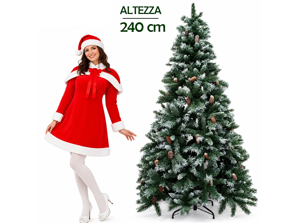 Albero di Natale Tirolese 240 cm Innevato con Pigne Addobbo Natalizia Foltissima