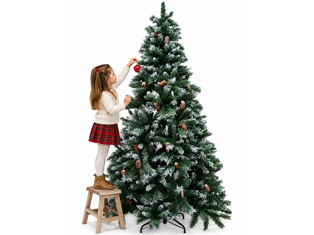 Albero di Natale Tirolese 240 cm Innevato con Pigne Addobbo Natalizia Foltissima