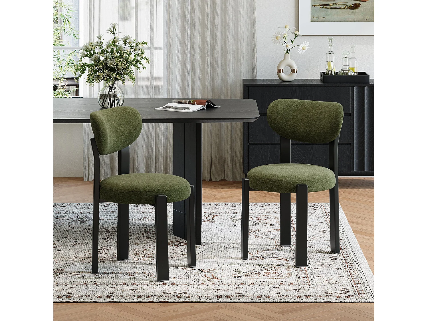 Juego de 2 sillas de comedor verdes, respaldo curvo, asiento acolchado, patas de madera maciza negras