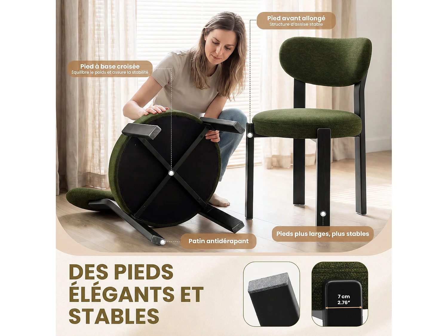 Set di 2 sedie da pranzo verdi, schienale curvo, seduta imbottita, gambe in legno massello nero
