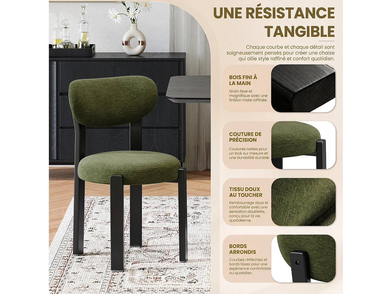 Set di 2 sedie da pranzo verdi, schienale curvo, seduta imbottita, gambe in legno massello nero